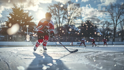 Ice hockey player in action on rink during sunset with snowflakes falling