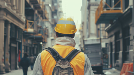 Construction worker in yellow hard hat and hi-vis vest viewed from behind on urban street
