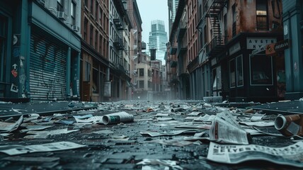 Desolate city street littered with papers and debris, signs of neglect abandonment - obrazy, fototapety, plakaty