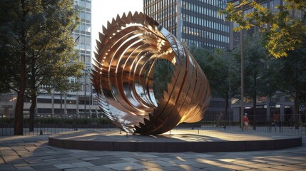 3D render of a kinetic sculpture in a city center, designed by physicists and artists, that moves and evolves with the noise levels.