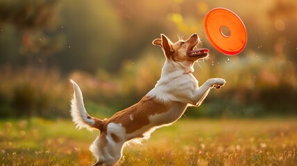 Dog leaping to catch frisbee in sunlight
