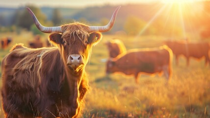 Highland cow in sunlit field at sunset - obrazy, fototapety, plakaty