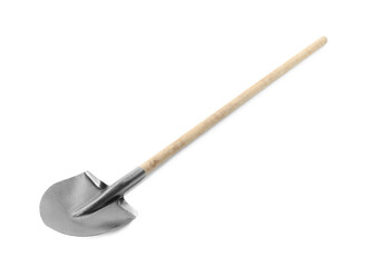 One new shovel with wooden handle isolated on white. Gardening tool