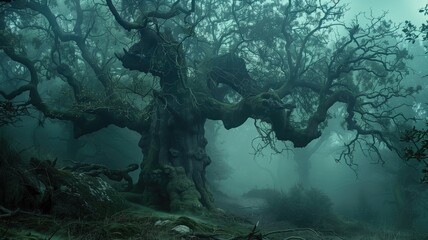 Mysterious foggy forest with gnarled trees at night - obrazy, fototapety, plakaty