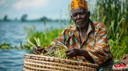 A basket weaver sitting by a lakeside, skillfully weaving reeds into intricate patterns, the calm water in the background. - obrazy, fototapety, plakaty