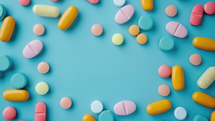 Assorted colorful pills and capsules scattered on blue background