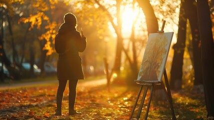 Person painting on easel in sunlit autumn park - obrazy, fototapety, plakaty