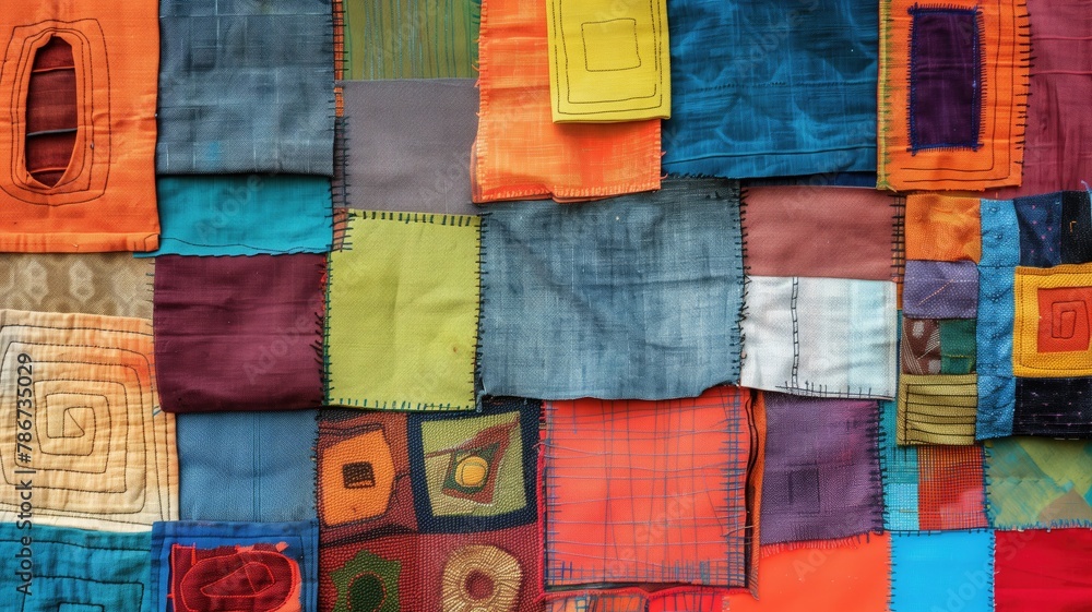 Poster colorful patchwork quilt with various patterns and textures
