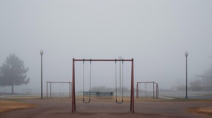 Empty playground with swings and foggy background