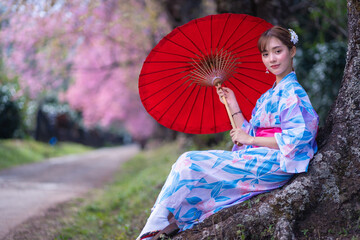 Pretty girl in a Yukata dress.  A young Asian woman wearing a traditional Japanese kimono or Yukata...