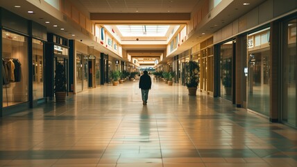 Person walking alone in empty shopping mall with stores on either side