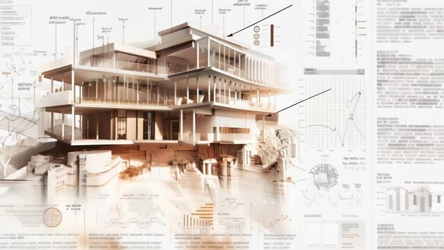 Blueprints for a modern building are spread out, revealing intricate lines, numbers, and annotations that detail the structure, exterior, interior, and other specifications