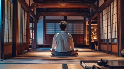 A cybersecurity analyst in a traditional dojo meditating on ethical hacking, combining ancient and modern themes, in a tranquil, reflective style. - obrazy, fototapety, plakaty