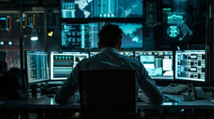 Fototapeta premium A cybersecurity analyst investigating a cyber threat in a dark room lit only by computer screens, styled as a noir thriller.