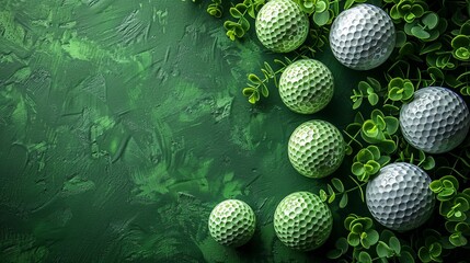 Golf-themed background: group of balls and tee on green with space above.