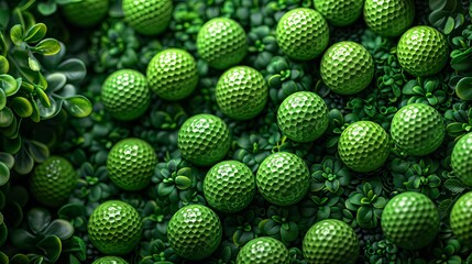 Golf-themed background: group of balls and tee on green with space above.