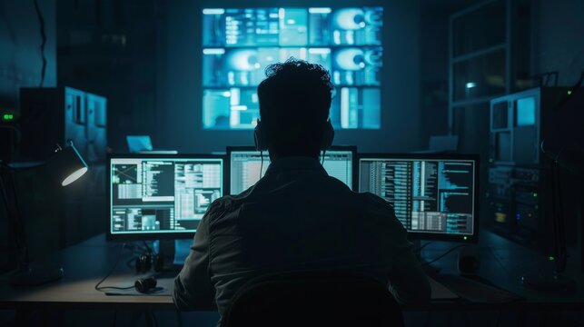 A cybersecurity analyst investigating a cyber threat in a dark room lit only by computer screens, styled as a noir thriller.