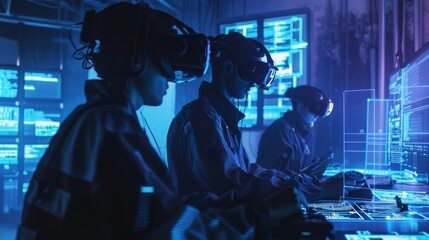 A cybersecurity team in a VR game setting solving real-time hacking puzzles, styled as an interactive game thriller.