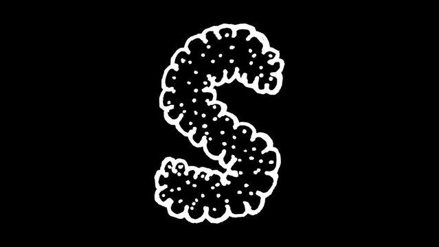 White wiggly hand drawn fluffy alphabet letter S doodle animation      