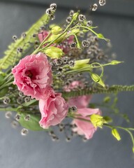 A close up of beautiful pink lisianthus. For posts, blogs, advertising. Space for text. Real photo. 