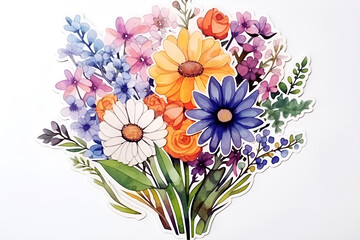 Sticker of a bouquet of flowers in watercolor. Bouquet of daisies. Colored flowers.