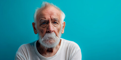 Senior man with a neutral expression, wearing a plaid shirt against a vivid blue background.