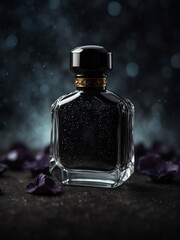 black perfume bottle on magical glowing fantasy background from Generative AI