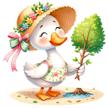 Cute Goose Advocating For Earth Day Clipart Collection, This Adorable Collection Of Goose Clipart Shows Various Geese Engaging In Earth Day Activities, Promoting Environmental Awareness And Care, Eco
