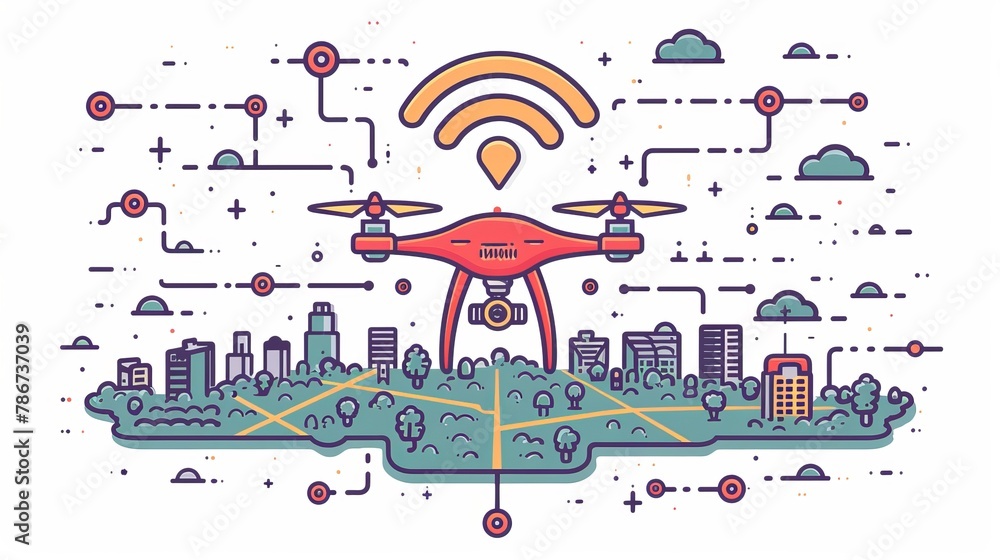 Poster line icon showcasing a drone with radio waves, wireless connectivity, and radar detection system, re