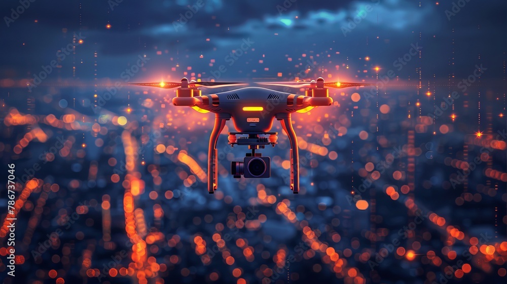 Poster line icon showcasing a drone with radio waves, wireless connectivity, and radar detection system, re