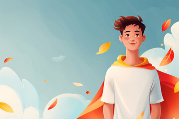 Illustration of a smiling young man with autumn leaves falling around him against a blue sky.