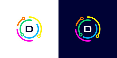 letter D technology logo with colorful connection circuit circle dots for technology,data,internet,computer