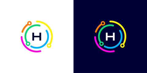 letter H technology logo with colorful connection circuit circle dots for technology,data,internet,computer