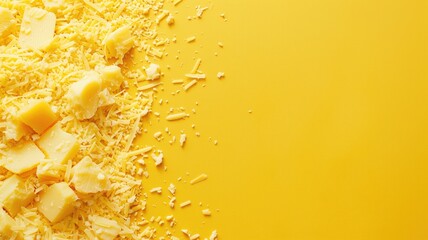 Shredded yellow cheese scattered on background
