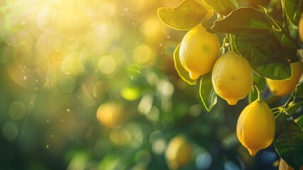 Ripe lemons hanging on tree with sunlight filtering through leaves