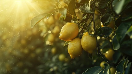 Ripe lemons on tree with sunlight filtering through leaves