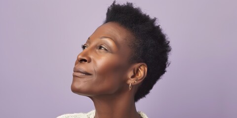 Relaxed middle-aged Black woman with closed eyes and natural curly hair, set against a lilac-colored wall.
