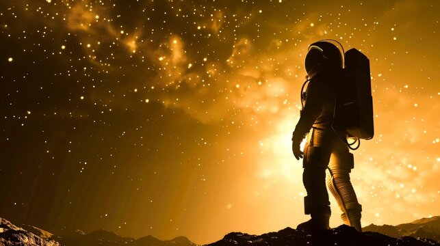 The silhouette of an astronaut stands against the Martian sky, a beacon of hope and adventure in the vastness of space. - Powered by Adobe