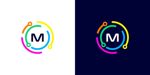 letter M technology logo with colorful connection circuit circle dots for technology,data,internet,computer - obrazy, fototapety, plakaty