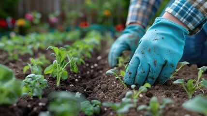 Naklejka premium Person wearing gloves planting seedlings in garden bed
