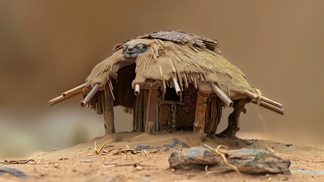 Miniature straw hut model with fine details on brown background