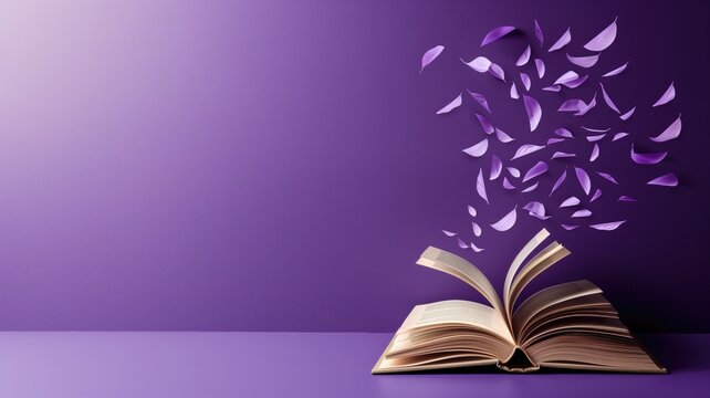 Open book with pages transforming into flying purple butterflies against background