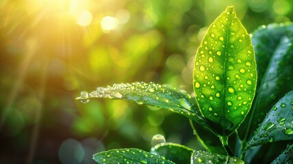 Fresh green leaves with water droplets in sunlight