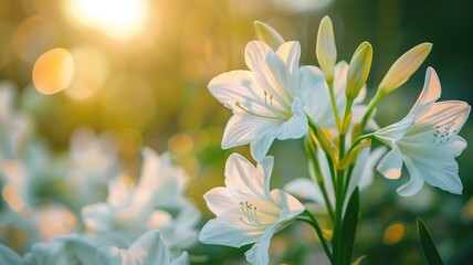 White lilies bathed in golden sunlight at dusk