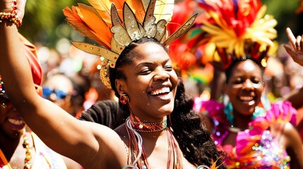 The vibrant parade of Notting Hill Carnival in London, with dancers and musicians celebrating Caribbean culture amidst a jubilant crowd.