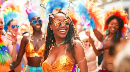 The vibrant parade of Notting Hill Carnival in London, with dancers and musicians celebrating...