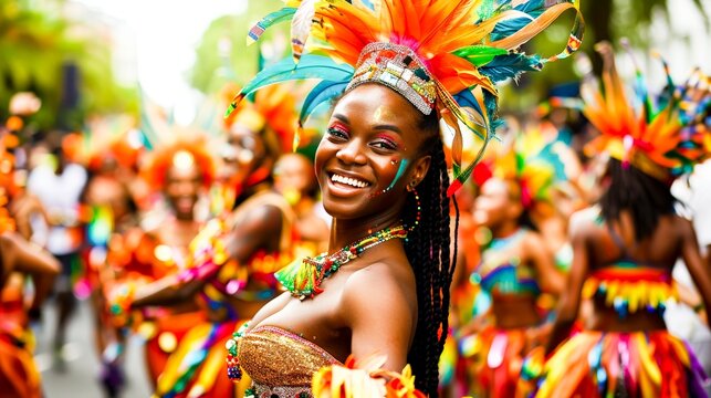 The vibrant parade of Notting Hill Carnival in London, with dancers and musicians celebrating Caribbean culture amidst a jubilant crowd.