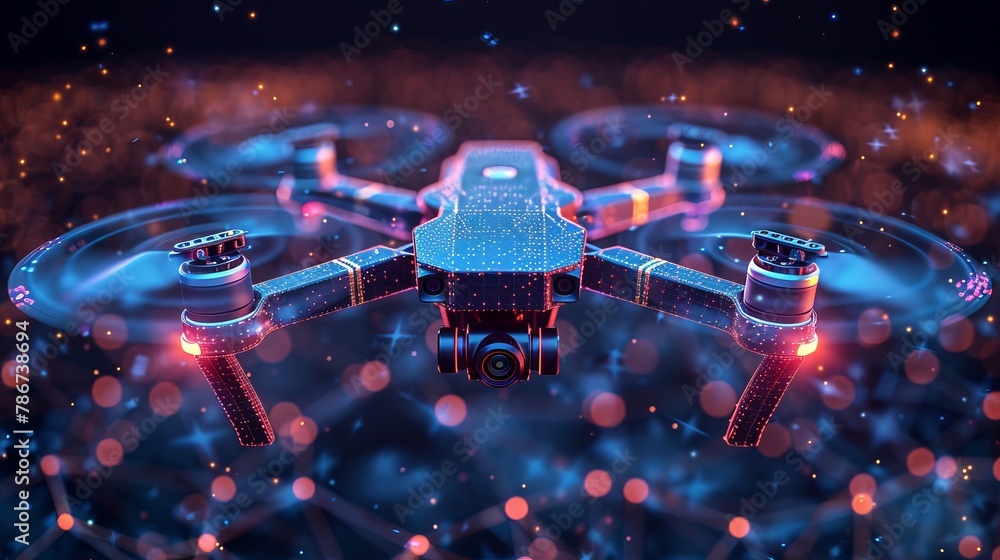 Poster vector illustration of a remote control air drone flying with an action video camera, presented as a