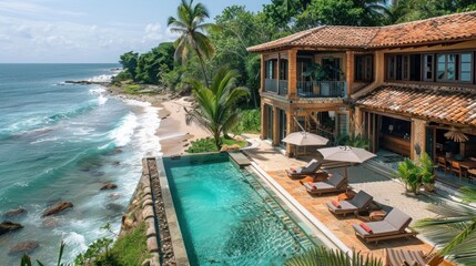 An idyllic beachfront villa nestled among swaying palm trees, with a private infinity pool overlooking the turquoise waters of the Pacific Ocean.