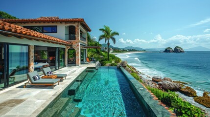 Fototapeta premium An idyllic beachfront villa nestled among swaying palm trees, with a private infinity pool overlooking the turquoise waters of the Pacific Ocean.